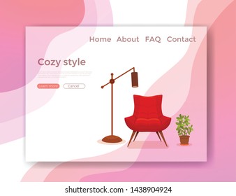 Interior with an armchair potted plant, floor lamp. Colorful minimalistic style vector. Cozy living room illustration. Home inside design element
