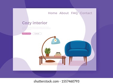 Interior with an armchair potted plant, floor lamp. Colorful minimalistic style vector. Cozy living room illustration. Home inside design element