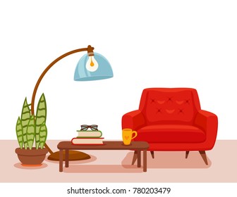 Interior with an armchair potted plant, floor lamp. Colorful minimalistic style vector. Cozy living room illustration. Home inside design element