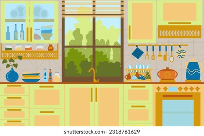The interior is an Art Deco kitchen room with a window near the sink. illustrations of a cozy interior with modern furniture, hand-drawn in a flat style.