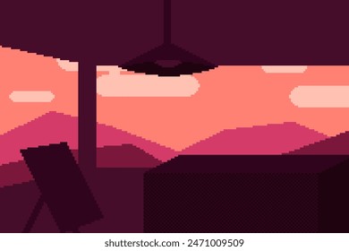 Interior of Art Room under Sunset Viewscape from Windows, Pixel Art Style Illustration