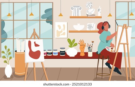 Interior of art studio. Classroom, creative class workshop, drawing school. Painting studio with paper, canvas on easels, tools, supplies, girl painting. Hand drawn flat vector illustration.