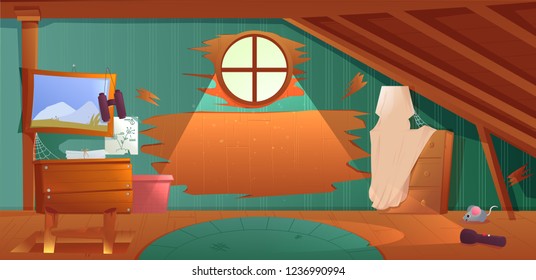 The interior of the attic. An old forgotten room with boxes on the roof. Lamp and pictures and stairs to the top. Vector cartoon illustration