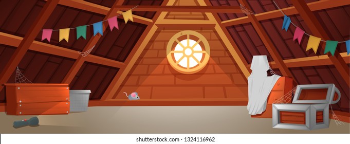The interior of the attic. An old forgotten room with boxes on the roof. Lamp and  treasure chest in spider web. Vector cartoon illustration 