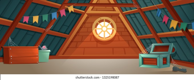 The interior of the attic. An old forgotten room with boxes on the roof. Lamp and treasure chest in spider web. Vector cartoon illustration