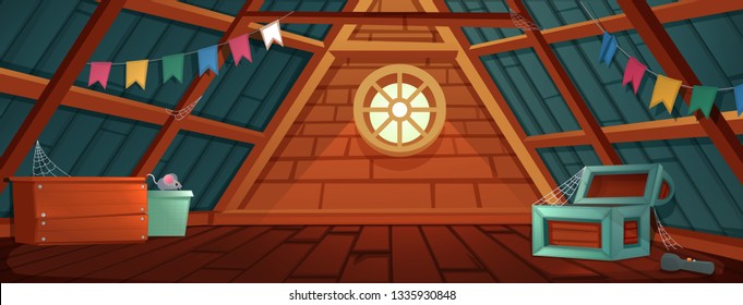The interior of the attic. An old forgotten room with boxes on the roof. Vector cartoon illustration