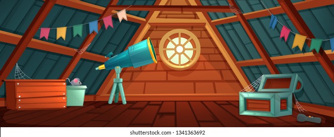The interior of the attic. An old forgotten room with boxes on the roof and new telescop from window. Vector cartoon illustration