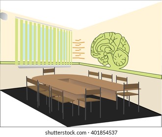 Interior audience psychology. Perspective view. The letter psi and abstract brain. Rectangular table. Meeting room. Cabinet psychologist. Vector illustration.