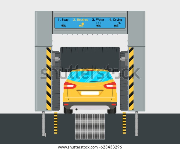 The interior of the automatic car wash with\
a car inside. Vector\
illustration