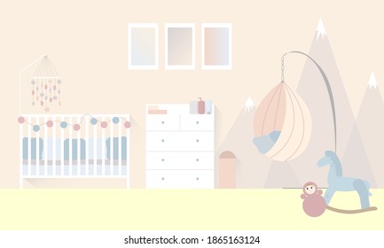 The interior of a baby room for a newborn in pastel colors. Wall decor with mountains. Vector flat illustration with a baby cot with a baby mobile. Suspended cocoon chair.