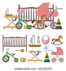 Interior of baby room and vector set of toys for kids. Illustration in flat style. Isolated design elements and icons. Bed, nursery, bicycle, carriage
