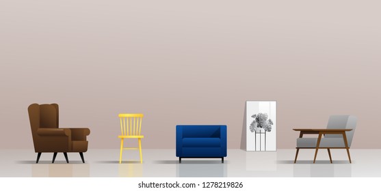 Interior background with different types of chairs , vector , illustration