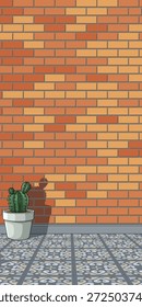Interior background illustration with a brick wall, patterned floor and potted cactus plant. Vertical composition combining texture and warmth, ideal for urban, lifestyle and modern visual storytelling.