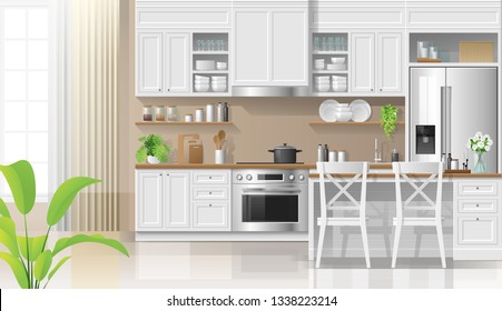 Interior background with kitchen in modern rustic style , vector , illustration