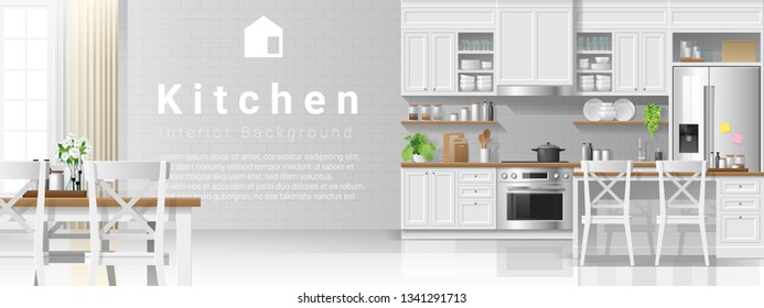 Interior background with kitchen in modern rustic style , vector , illustration