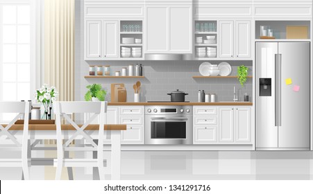 Interior background with kitchen in modern rustic style , vector , illustration