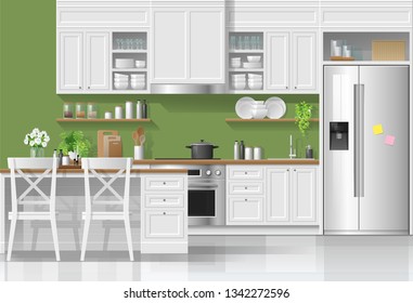 Interior background with kitchen in modern rustic style , vector , illustration