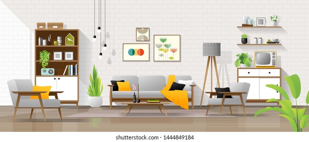 Interior background with living room in mid century modern style , vector , illustration