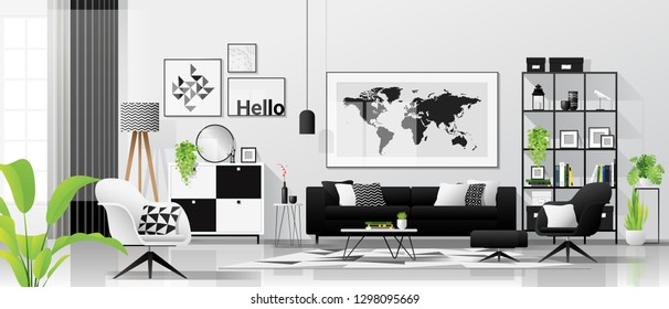 Interior background with living room in modern black and white scandinavian style , vector , illustration