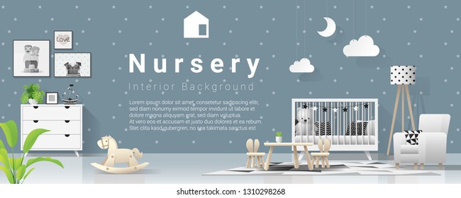 Interior background with modern baby bedroom , vector , illustration