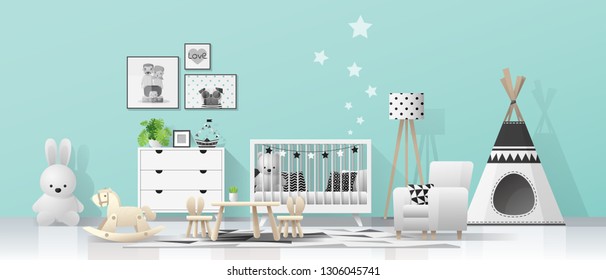 Interior background with modern baby room , vector , illustration