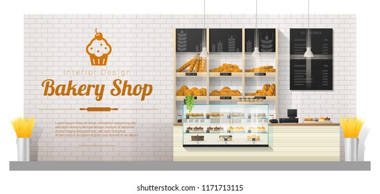 Interior background with modern bakery shop display counter , vector , illustration