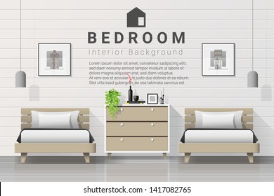 Interior background of modern bedroom with twin beds , vector , illustration