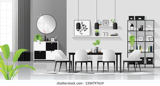 Interior background with modern black and white dining room in scandinavian style , vector , illustration