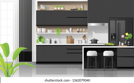 Interior background with modern black and white kitchen , vector , illustration