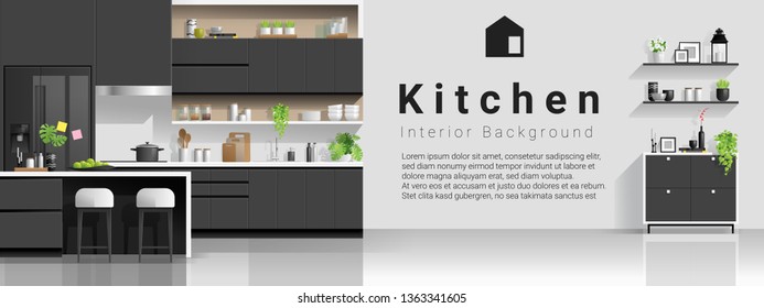 Interior background with modern black and white kitchen , vector , illustration