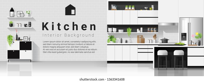 Interior background with modern black and white kitchen , vector , illustration
