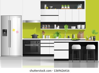 Interior background with modern black and white kitchen , vector , illustration