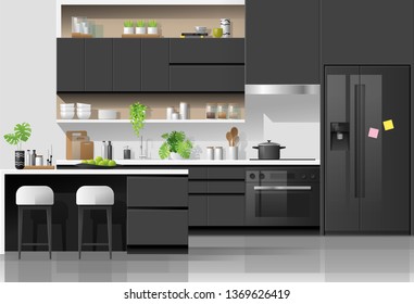 Interior background with modern black and white kitchen , vector , illustration