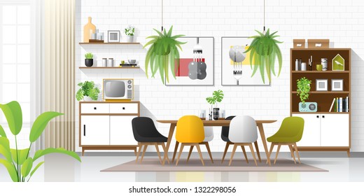 Interior background with modern dining room , vector , illustration