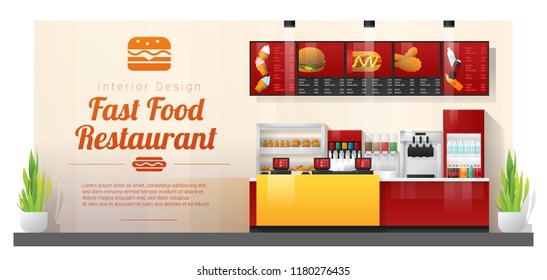 Interior Background With Modern Fast Food Restaurant Counter , Vector , Illustration