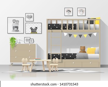 Interior background of modern kids bedroom with wooden bunk bed , vector , illustration