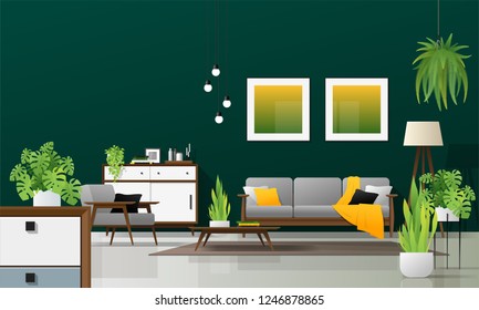 Fondo interior de la moderna sala de estar en concepto natural con muebles de madera , plantas y pared verde , vectorial , ilustración