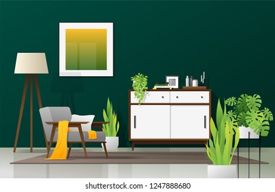 Interior background of modern living room in natural concept with wooden furniture , plants and green wall , vector , illustration