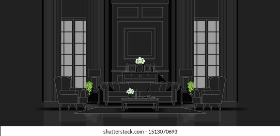 Interior background with modern living room in black and white line sketch style , vector , illustration