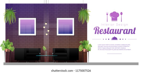 Interior background , modern restaurant with table and chairs scene , vector , illustration