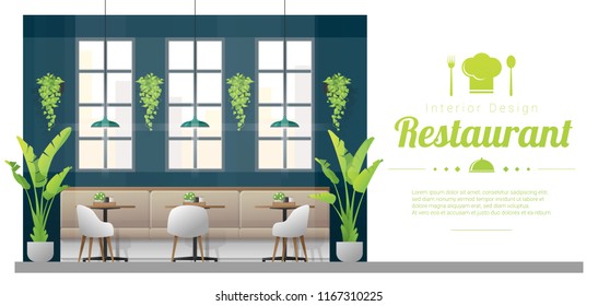 Interior background , modern restaurant with tables and chairs scene , vector , illustration