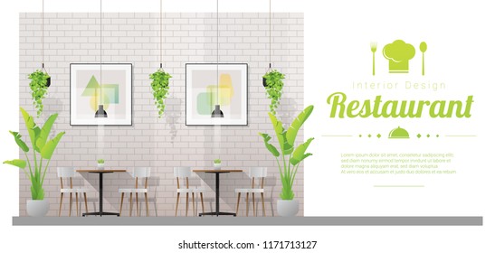 Interior background , modern restaurant with tables and chairs scene , vector , illustration