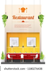 Interior background , modern restaurant with tables and chairs scene , vector , illustration