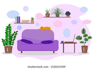 Interior background with potted flowers in flat design. Background of the room with a sofa, a computer table and potted flowers