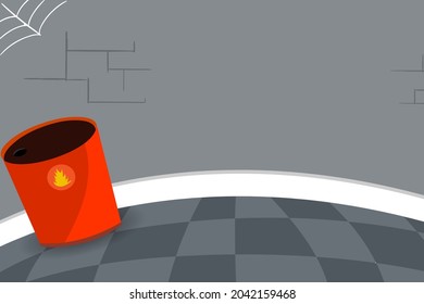 Interior background, room with Gray wall, Oil Barrel and Spider Web Fish eye Perspective Background Vector illustration, 2D room For Animation Front View