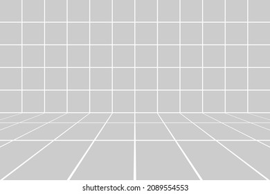 Interior Background With Symmetrical Grid Lines Texture In Diminishing Perspective View. Tiling Floor And Wall In Empty Room. Vector Art.