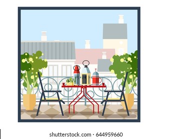 Interior of  balcony, table and chairs, potted trees. Beautiful scenery, view of city. Colorful vector illustration in flat style. 