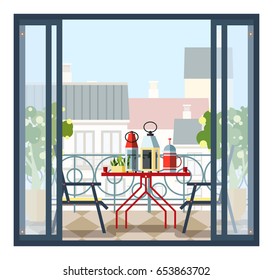 Interior of balcony, table and chairs, potted trees. Beautiful scenery, view of city from open door. Colorful vector illustration in flat style.