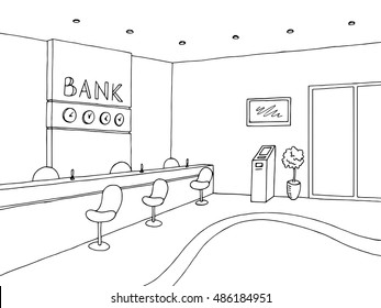 Interior bank graphic art black white sketch illustration vector
