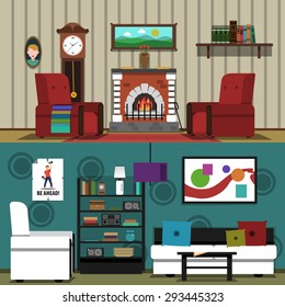 Interior banner horizontal set with flat furniture elements isolated vector illustration